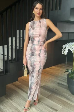 Blush Marble Print Mesh Overlay Bodycon Midi Dress