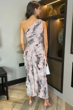 Blush Marble Print One Shoulder Knot Skirt Mesh Midi Dress