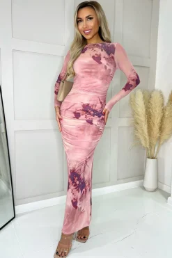 Blush Printed Mesh Overlay Long Sleeve Bodycon Midi Dress