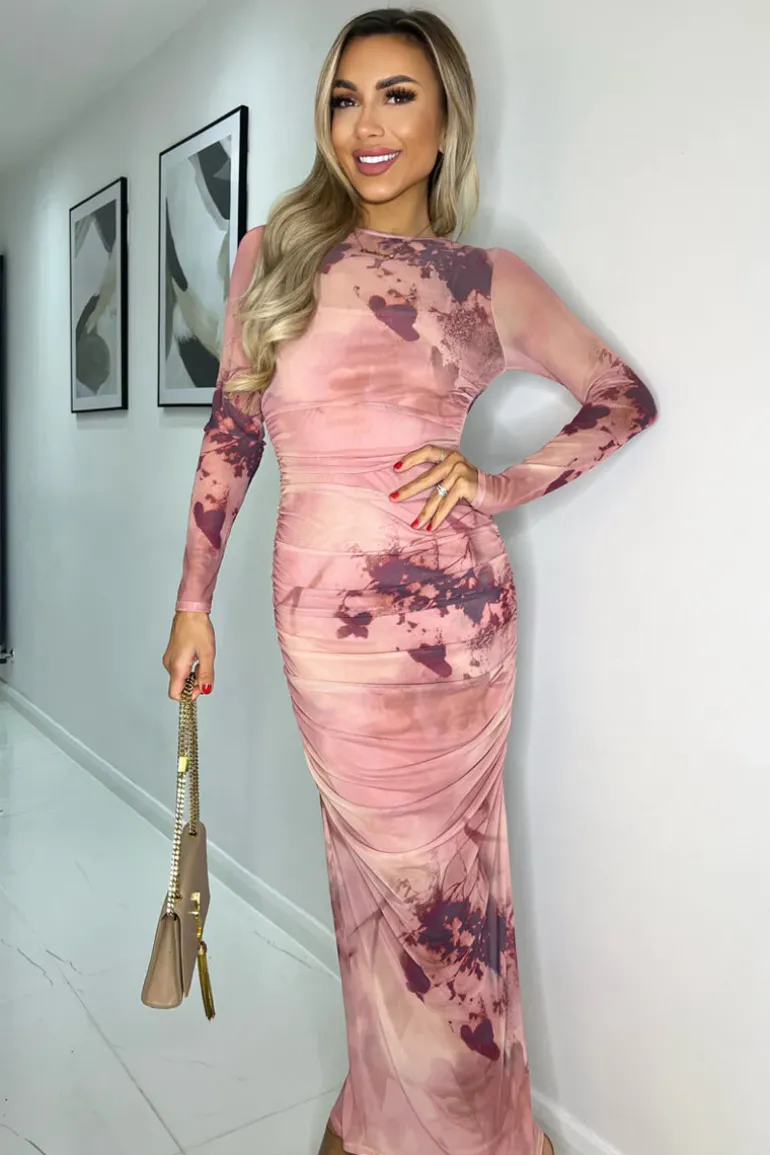 Blush Printed Mesh Overlay Long Sleeve Bodycon Midi Dress
