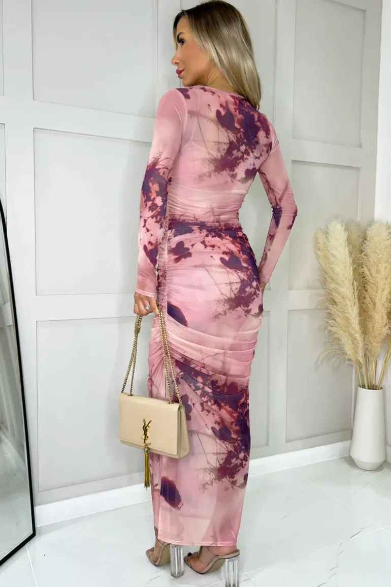 Blush Printed Mesh Overlay Long Sleeve Bodycon Midi Dress