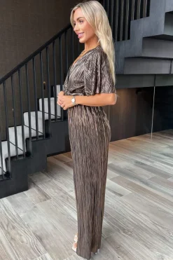 Bronze Plisse Buckle Detail Wrap Jumpsuit