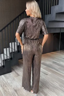 Bronze Plisse Buckle Detail Wrap Jumpsuit