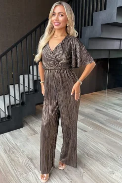 Bronze Plisse Buckle Detail Wrap Jumpsuit