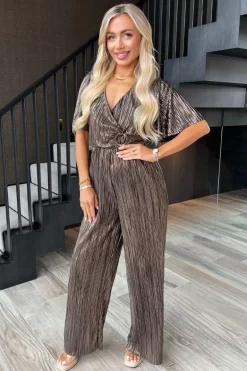 Bronze Plisse Buckle Detail Wrap Jumpsuit