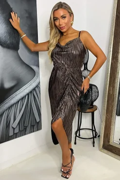 Bronze Plisse Strappy Cowl Neck Gathered Skirt Midi Dress