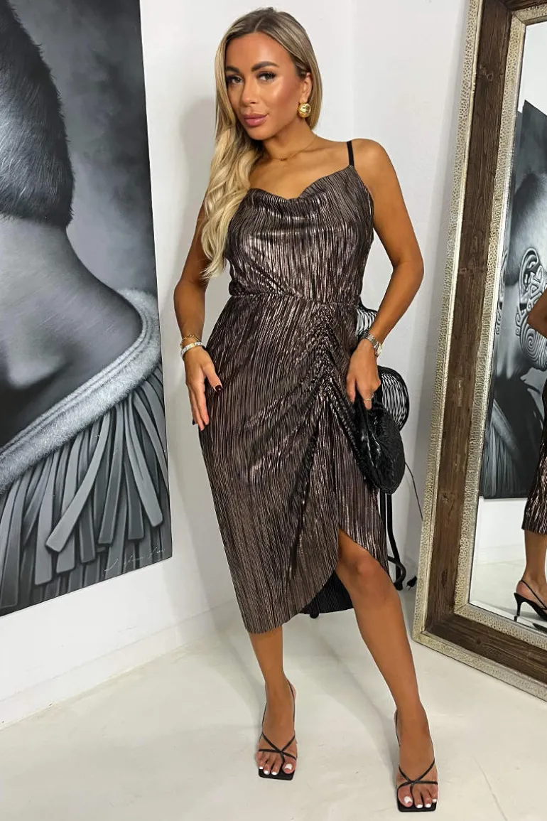 Bronze Plisse Strappy Cowl Neck Gathered Skirt Midi Dress
