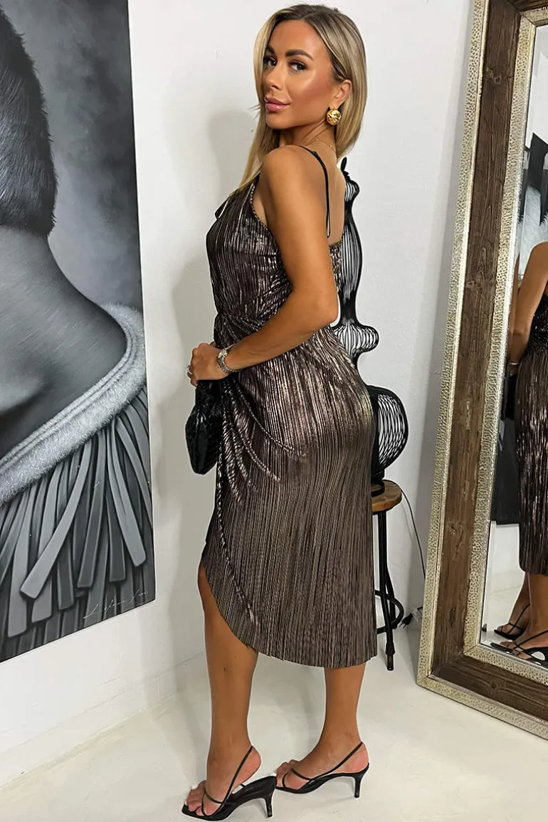 Bronze Plisse Strappy Cowl Neck Gathered Skirt Midi Dress