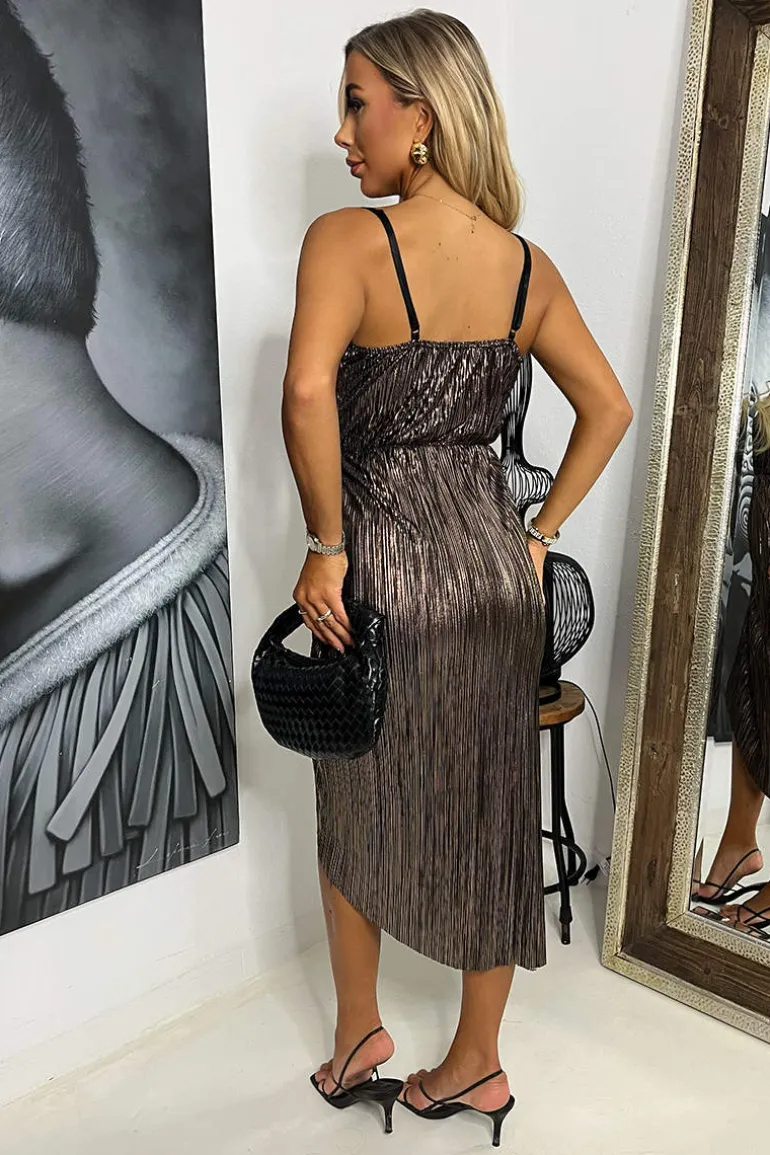 Bronze Plisse Strappy Cowl Neck Gathered Skirt Midi Dress