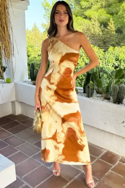 Brown And Stone Marble Print One Shoulder Open Back Twist Detail Midi Dress