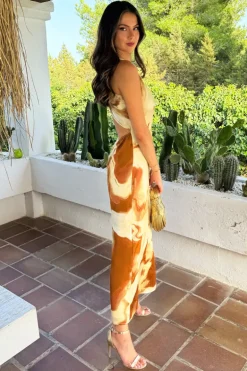 Brown And Stone Marble Print One Shoulder Open Back Twist Detail Midi Dress