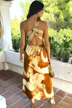 Brown And Stone Marble Print One Shoulder Open Back Twist Detail Midi Dress