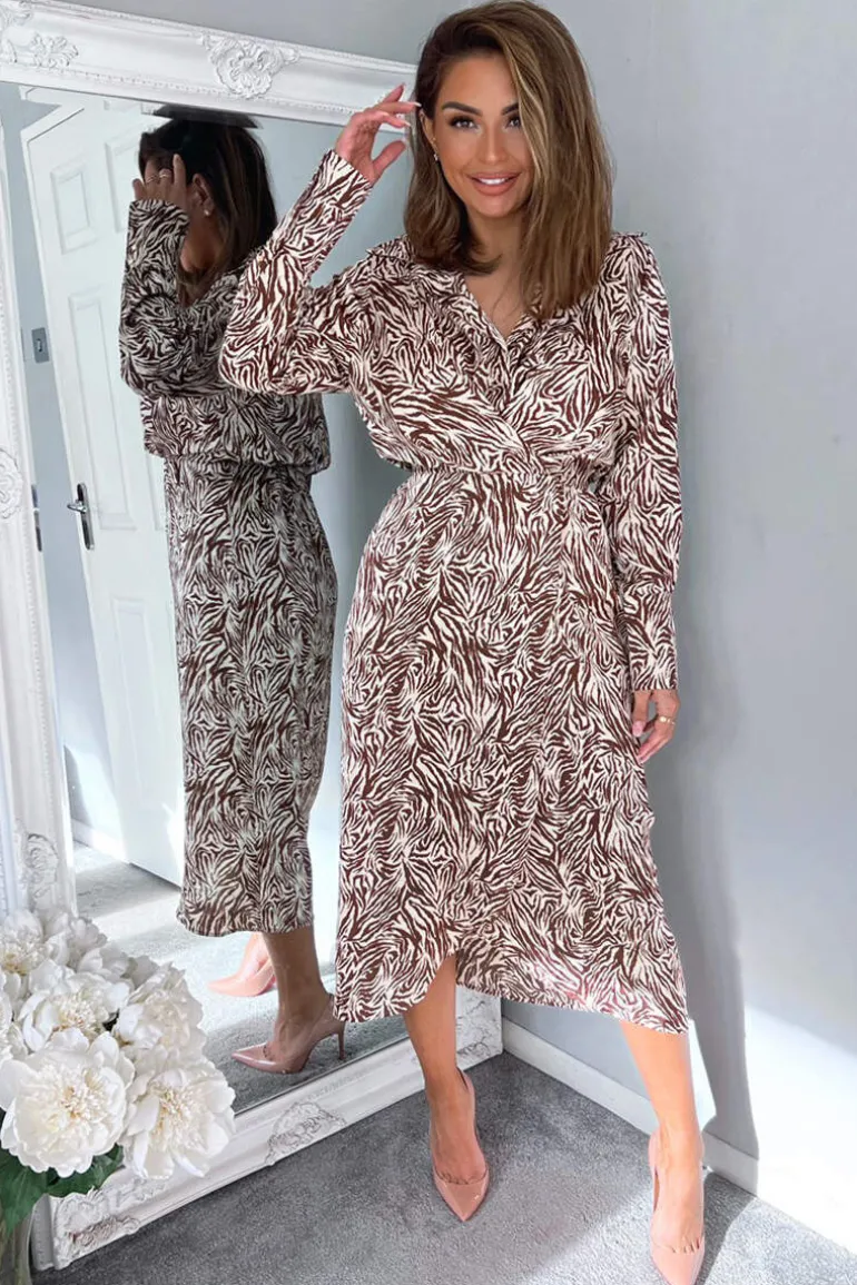 Brown Animal Print Wrap Over Midi Dress