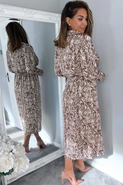 Brown Animal Print Wrap Over Midi Dress