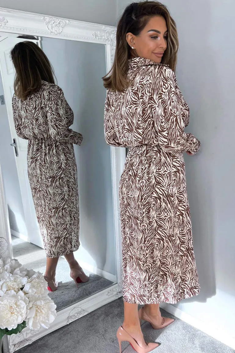 Brown Animal Print Wrap Over Midi Dress