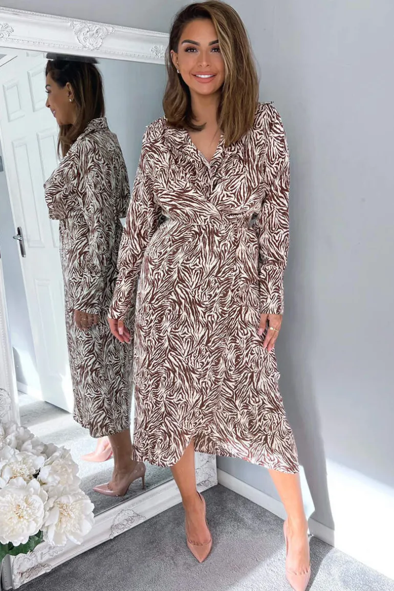 Brown Animal Print Wrap Over Midi Dress