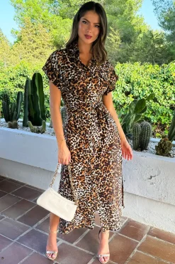 Brown Cheetah Print Short Sleeve Midi Shirt Dress