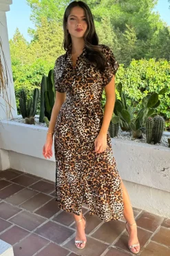 Brown Cheetah Print Short Sleeve Midi Shirt Dress