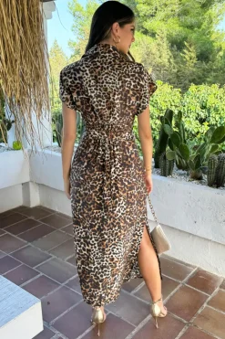 Brown Cheetah Print Short Sleeve Midi Shirt Dress