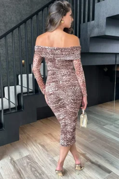 Brown Leopard Print Long Sleeve Bardot Ruched Mesh Midi Dress