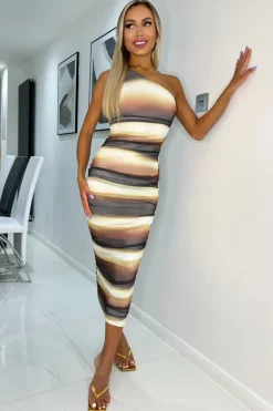 Brown Ombre Printed Mesh One Shoulder Bodycon Midi Dress