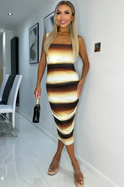Brown Ombre Printed Square Neck Sleeveless Bodycon Midi Dress