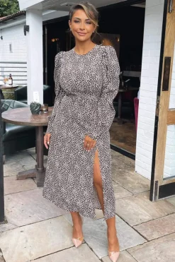 Brown Printed Long Sleeve Split Leg Midi Dress