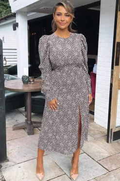 Brown Printed Long Sleeve Split Leg Midi Dress