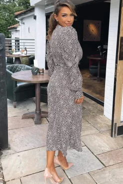 Brown Printed Long Sleeve Split Leg Midi Dress