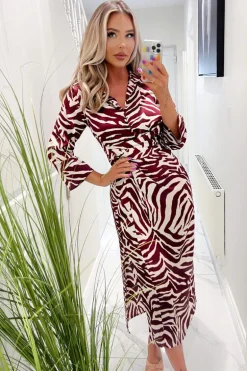 Burgundy Animal Print Button Top Gathered Side Midi Dress