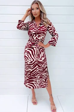 Burgundy Animal Print Button Top Gathered Side Midi Dress
