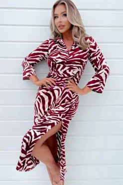 Burgundy Animal Print Button Top Gathered Side Midi Dress