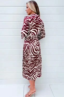 Burgundy Animal Print Button Top Gathered Side Midi Dress