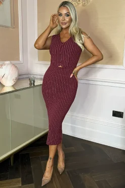 Burgundy Pinstripe Waistcoat Detail Bodycon Midi Dress