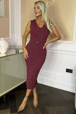 Burgundy Pinstripe Waistcoat Detail Bodycon Midi Dress