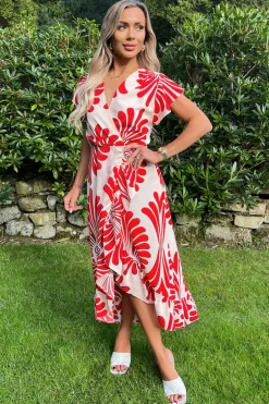 Burnt Orange Abstract Print Wrap Over High Low Frill Hem Midi Dress
