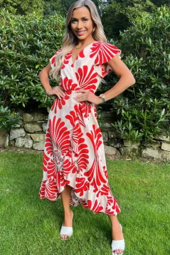 Burnt Orange Abstract Print Wrap Over High Low Frill Hem Midi Dress