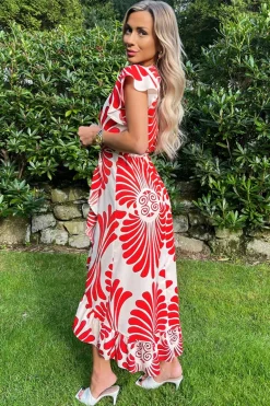 Burnt Orange Abstract Print Wrap Over High Low Frill Hem Midi Dress