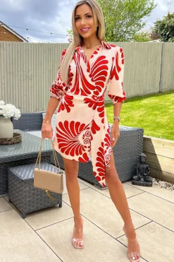 Burnt Orange Abstract Print Gathered Wrap Shirt Mini Dress