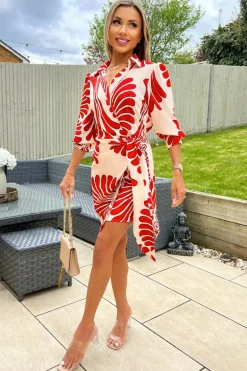 Burnt Orange Abstract Print Gathered Wrap Shirt Mini Dress
