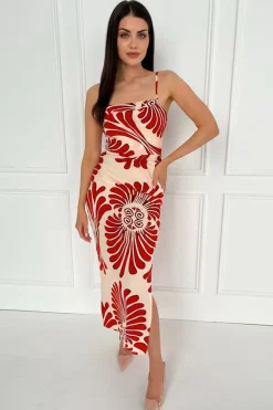 Burnt Orange Abstract Print Cowl Neck Ruched Side Strappy Midi Dress