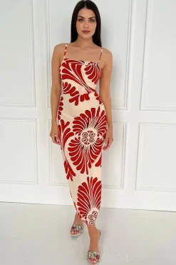 Burnt Orange Abstract Print Cowl Neck Ruched Side Strappy Midi Dress