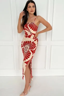 Burnt Orange Abstract Print Cowl Neck Ruched Side Strappy Midi Dress