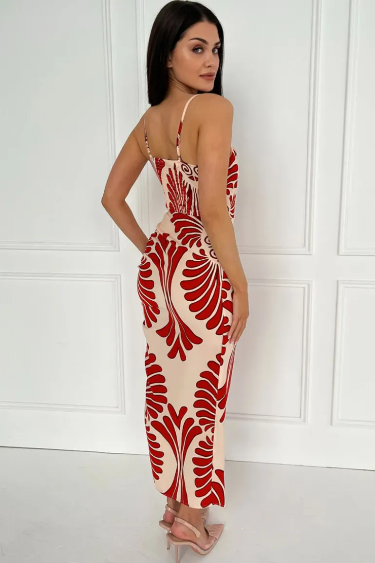 Burnt Orange Abstract Print Cowl Neck Ruched Side Strappy Midi Dress