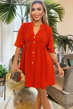 Burnt Orange Button Up Ruched Detail Smock Dress
