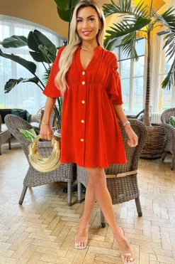 Burnt Orange Button Up Ruched Detail Smock Dress