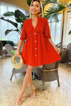 Burnt Orange Button Up Ruched Detail Smock Dress