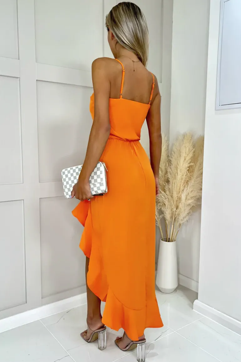 Burnt Orange Frill High Low Midi Dress
