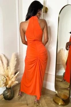 Burnt Orange Halter Neck Knot Skirt Midi Dress