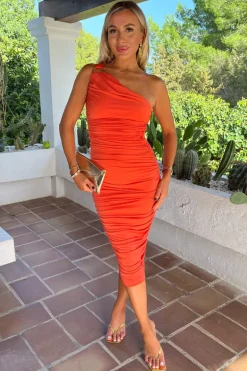 Burnt Orange One Shoulder Ring Detail Ruched Bodycon Midi Dress